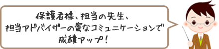 保護者様、担当の先生、担当アドバイザーの蜜なコミュニケーションで成績アップ！